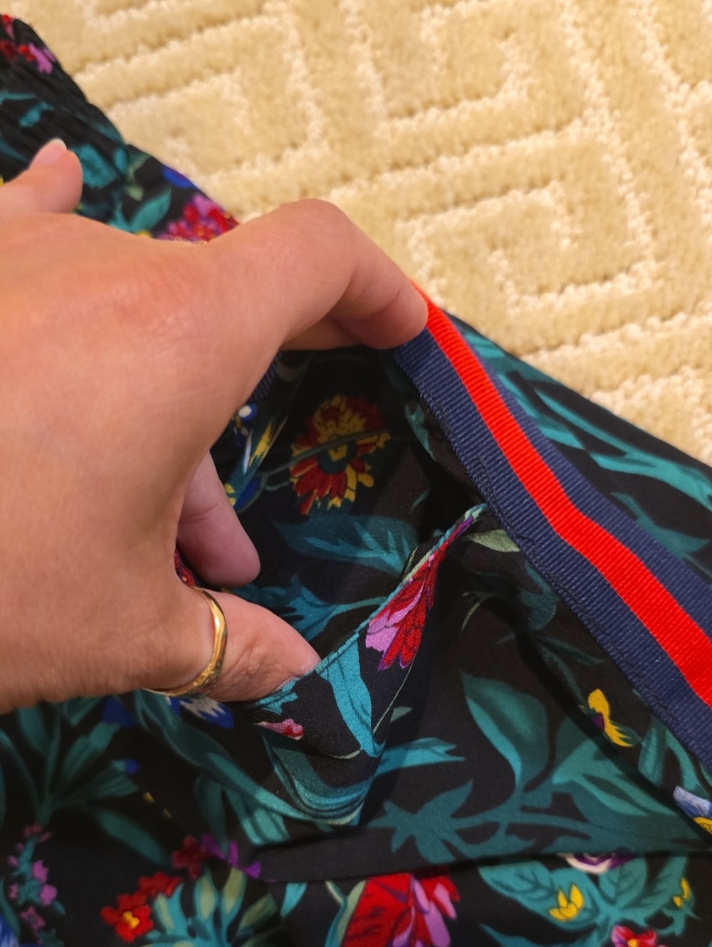 Johanna Paris Black Floral Print Pants with Navy And Red Side Stripe, Size M - Picture 4 of 8